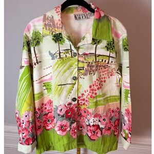 Keren Hart Womens Med Scenic Floral Landscape Sequin Beaded Cotton Shirt Green